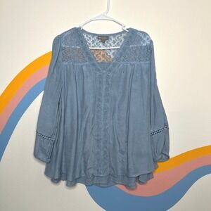 Style & Co Womens Blue Embroidered Lace Peasant Blouse Crochet Lace V-Neck L